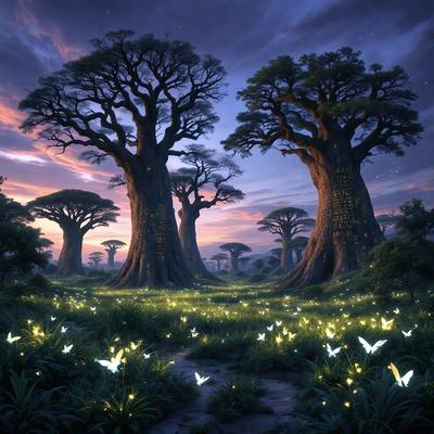 The primary subject of the image is a group of trees, with a total of five trees visible. The setting is a lush green forest, with a pathway leading through the trees. The visual style is a digital art, creating a serene and natural atmosphere. The colors are predominantly green, with some white and yellow elements, such as the butterflies flying around the trees. The mood of the image is peaceful and tranquil, inviting the viewer to explore the forest and enjoy the beauty of nature